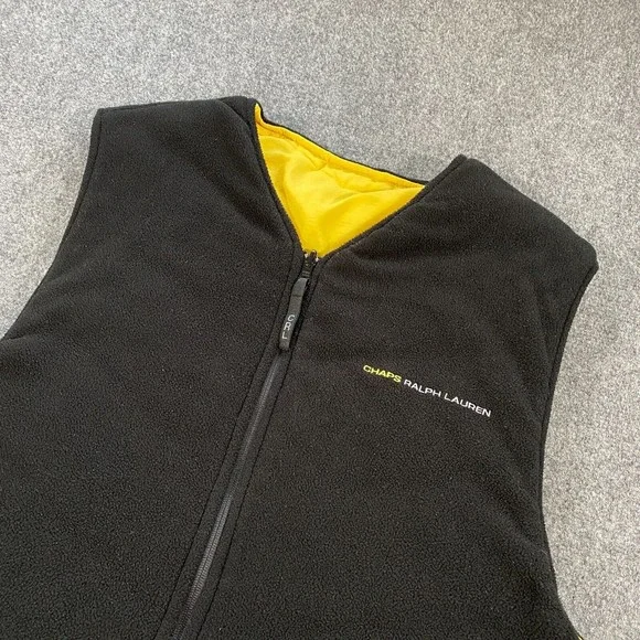 VINTAGE Chaps Ralph Lauren Reversible Vest Jacket Adult XL Black Yellow Fleece - Picture 8 of 11